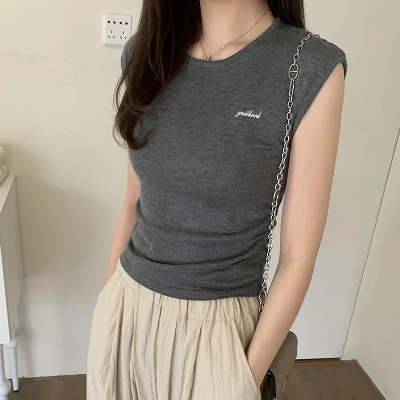 Ueong Sleeveless Knitted Embroidered Letter T-Shirt Women's Summer New Fold Waist Early Spring Dress Temperamental Vest