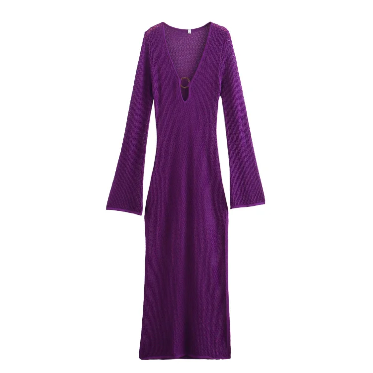 Long-sleeve Knitted Hollow V-neck Dress