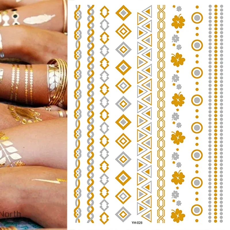 Temporary Tattoos Gold Silver Metallic Tattoo Arm Body Tattoo Cool Bracelet Style Girl DIY Golden Flash Tattoos