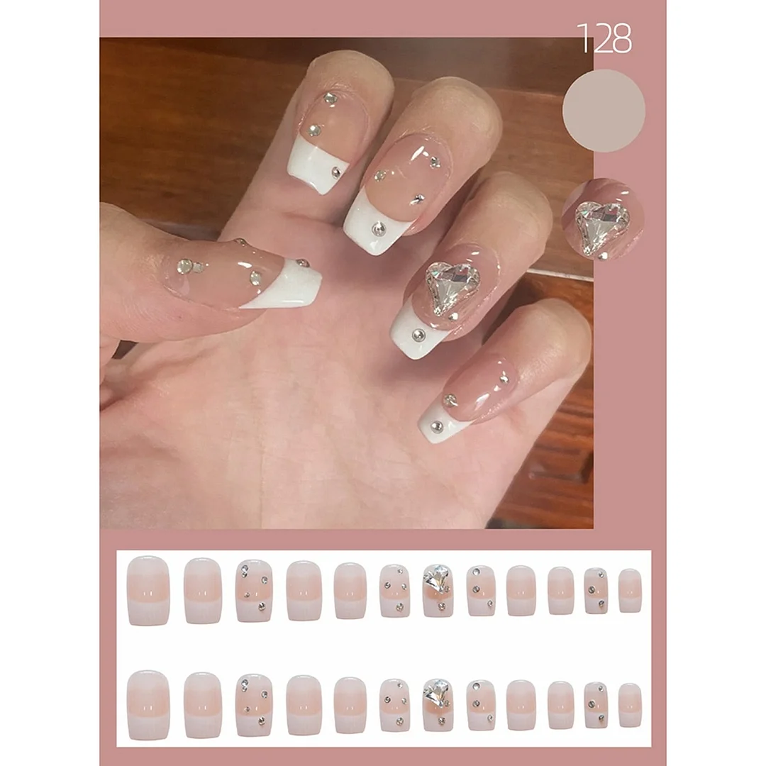 Bride Shining Rhinestone Wedding False Nails Ladies Simple Fashion French Fake Nails Beige Acrylic Nail Tips With Press Glue