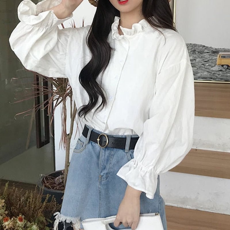 Ruffle White Shirt Oversize Puff Sleeve Top Women Korean Fashion Collared Shirt Elegant Clothing Loose Blouse Femme Casual