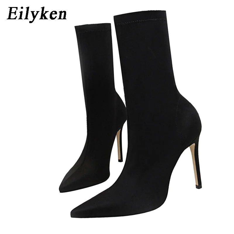 Eilyken 2022 Winter Fashion Women Boots Beige Pointed Toe Elastic Ankle Boots Heels Shoes Autumn Winter Female Socks Boots