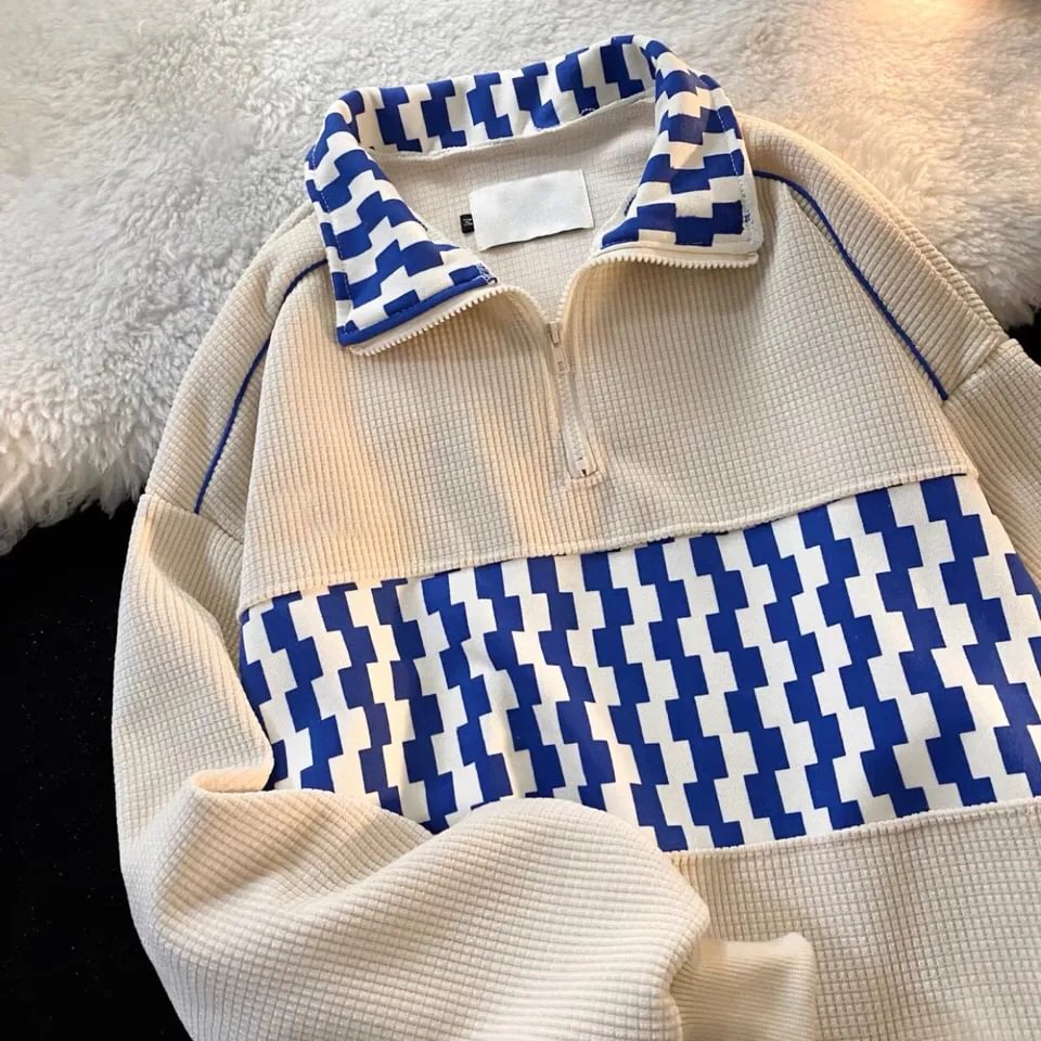 Unisex Vintage Waffle Panel Polo Sweatshirt、、URBENIE