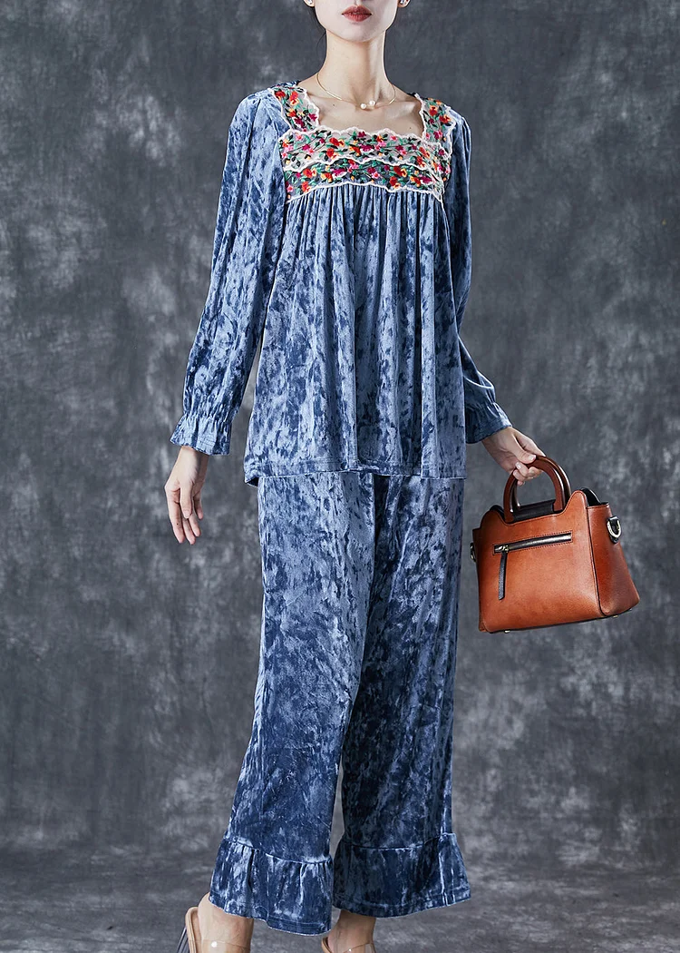 Blue Patchwork Silk Velour Two-Piece Set Square Collar Embroideried Fall