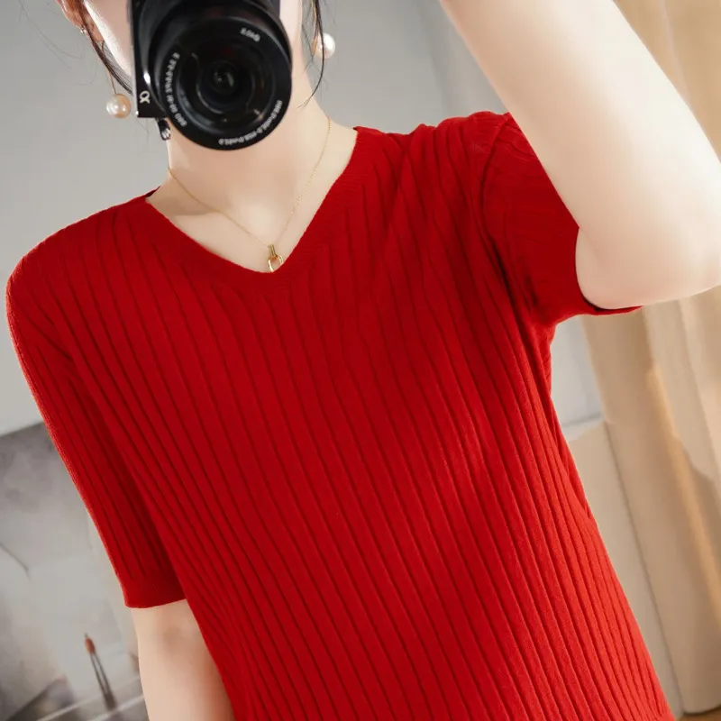 Churchf Churchf The Summer Of 2024, Women's Knit Short Sleeve Korean V-Neck Solid Color T-Shirt And A Pit Top