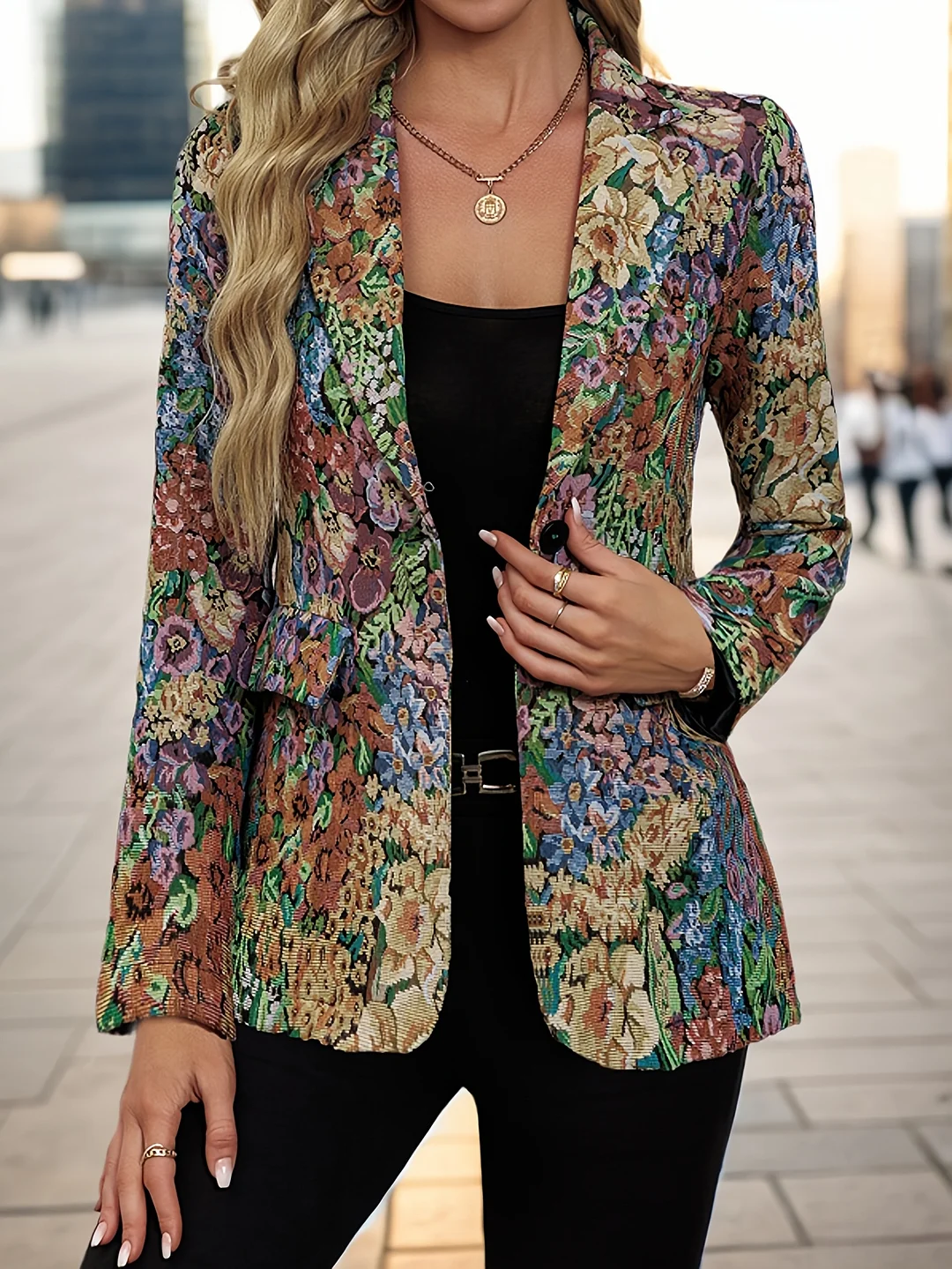 Elegant Women's Floral Print Blazer Jacket | Mid-Length Long Sleeve Single-Button Closure, Machine Washable, Nonstretch Fabric, Autumn Layering Piece, Notched Lapel Design, Fiberbased Elasticity, Office Wear | IFYHOME