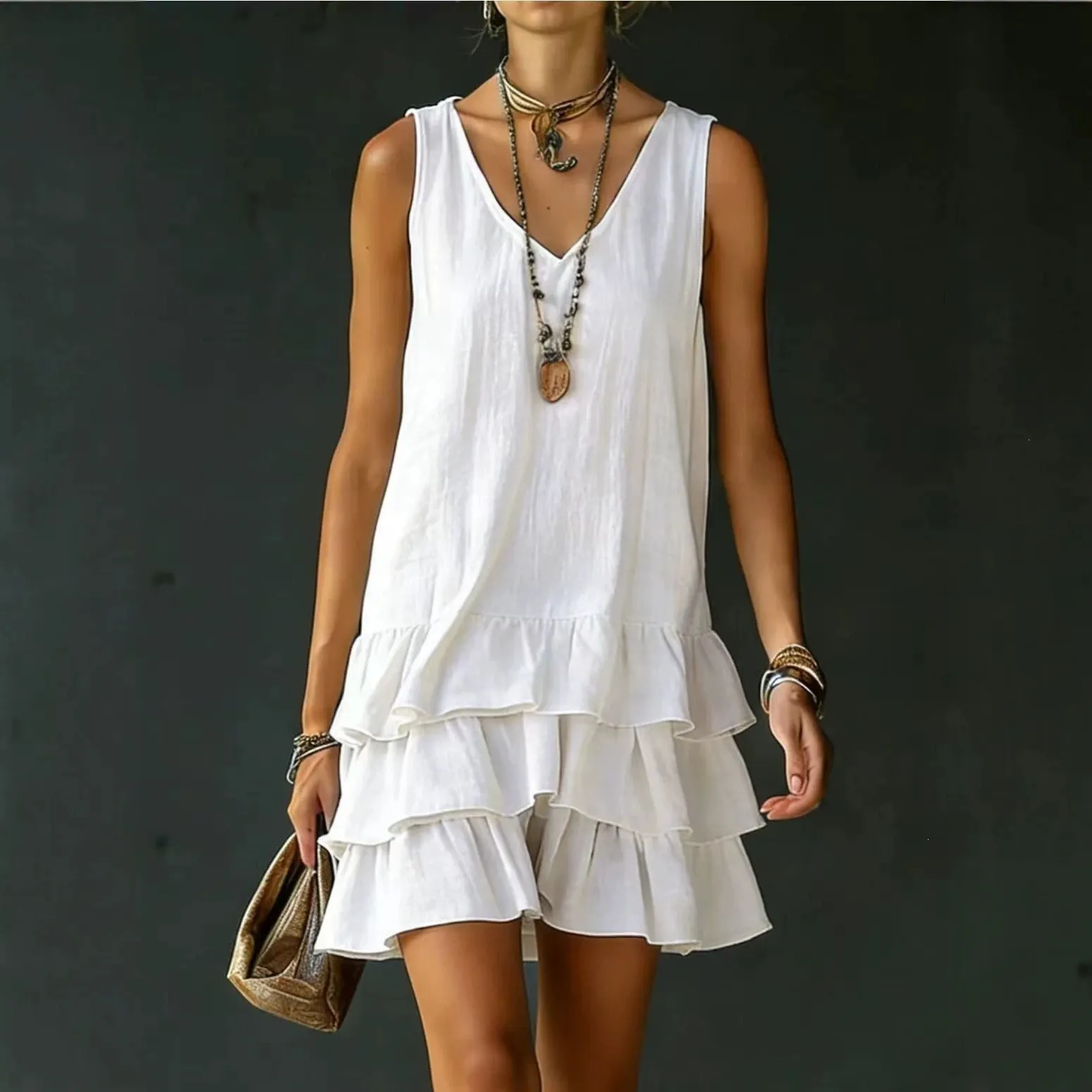 Women&rsquo;s Sleeveless V-Neck Loose Tiered Ruffle Hem Solid Casual Mini Dress