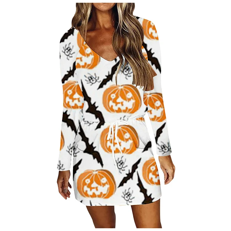 Halloween women's clothing European and American V-neck Print Long Sleeve