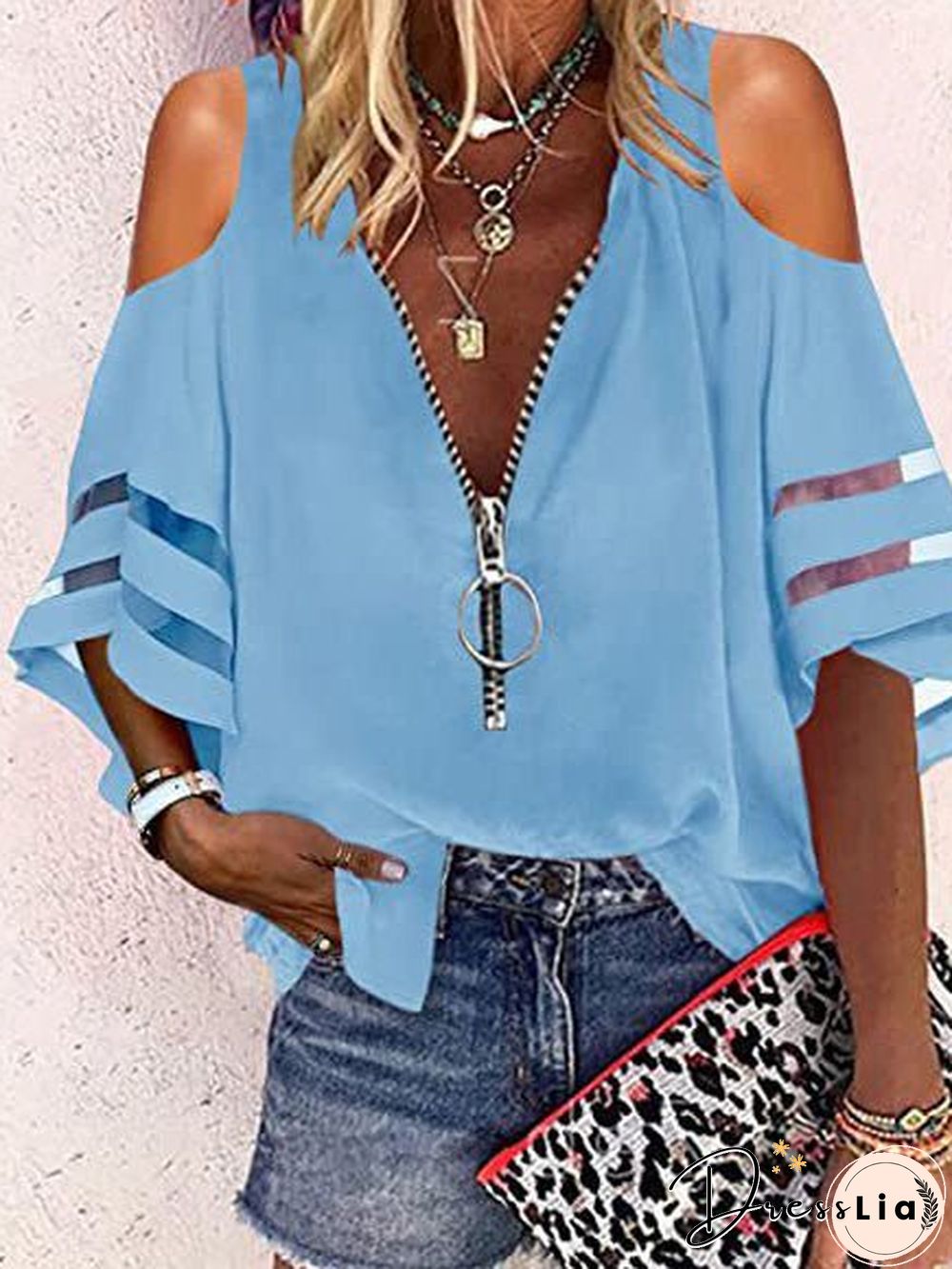 Women'S Blouses V-Neck Zip Flare Sleeves Mesh Panel Casual Blouse