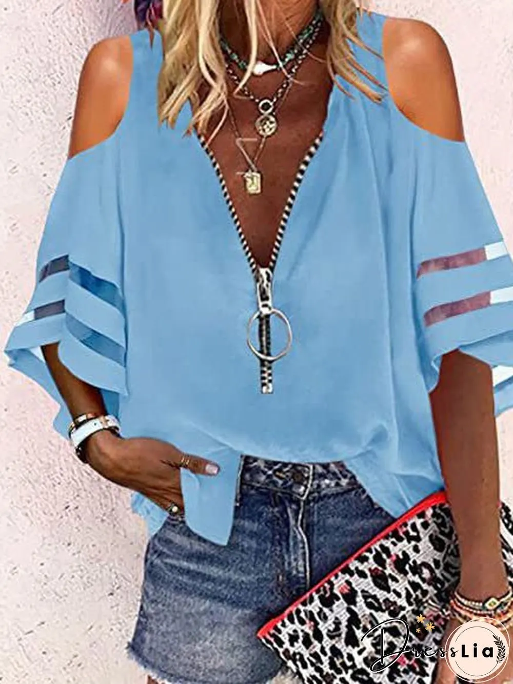 Women'S Blouses V-Neck Zip Flare Sleeves Mesh Panel Casual Blouse
