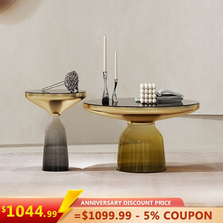 Homemys Modern Minimalist Glass Base Metal Coffee Table Side Table 2-piece Set