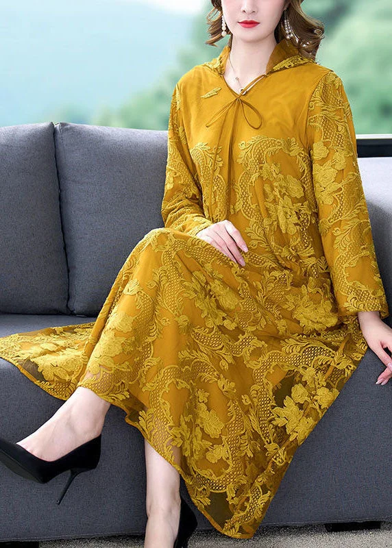 Diy Yellow Hooded Embroideried Lace Up Silk A Line Dresses Spring