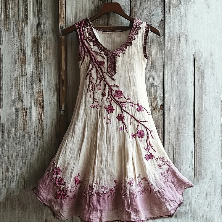 Vintage Celtic Knot With Cherry Blossoms Pattern Linen Tank Dress