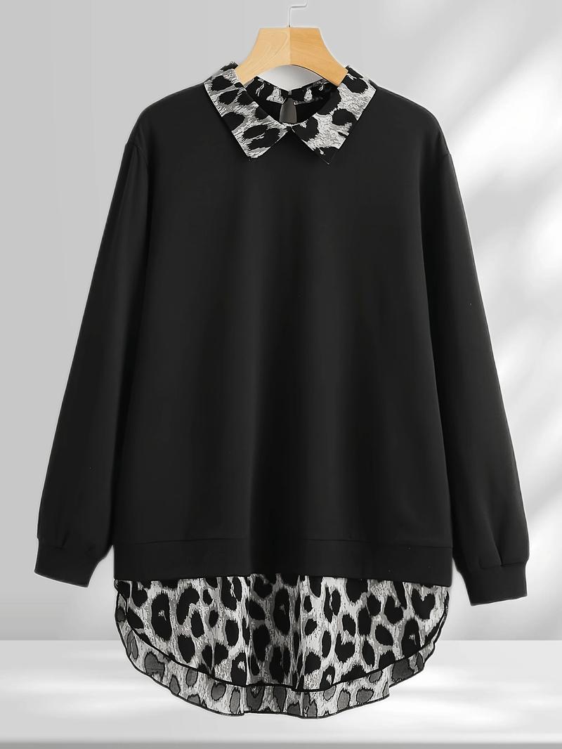 【Plus Size】 Leopard Print Curved Hem Pullover Sweatshirt, Casual Long Sleeve Sweatshirt for Fall & Winter, Women's Clothing for Daily Wear 【Plus Size】 Leopard Print Curved Hem Pullover Sweatshirt, Casual Long Sleeve Sweatshirt for Fall & Winter, Women's Clothing for Daily Wear