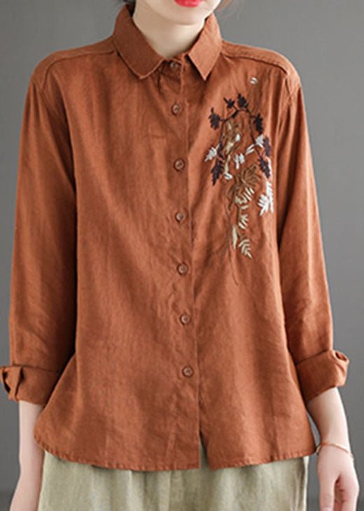 Chic Caramel Peter Pan Collar Button Linen Shirt Long Sleeve CK889- Fabulory