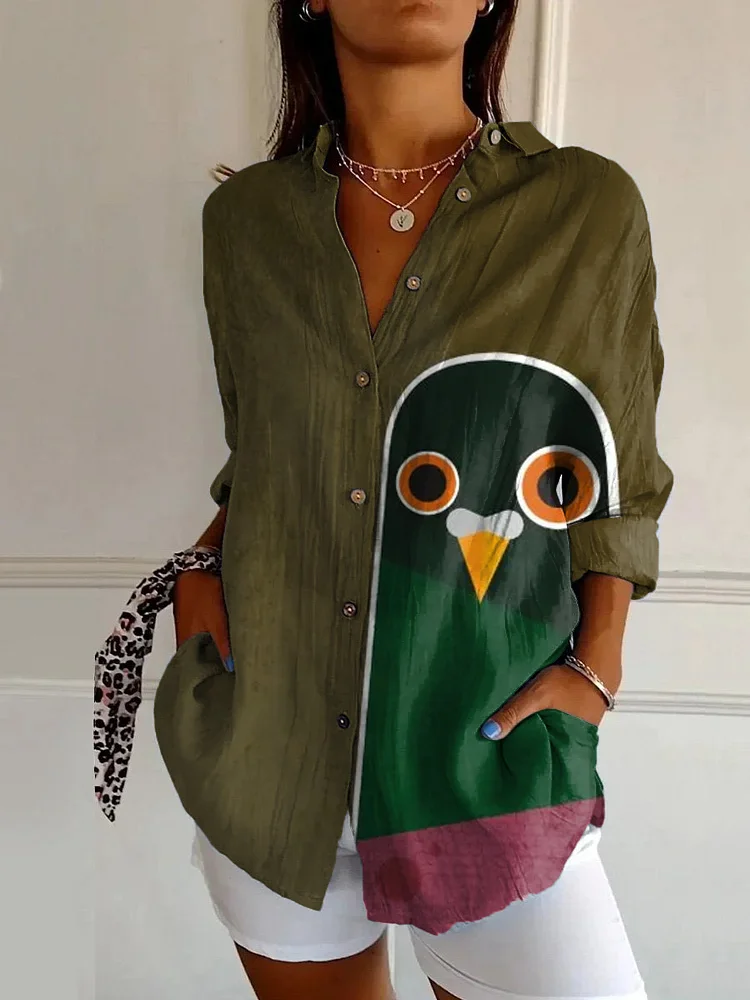 Vintage Bird Art Print Casual Long Sleeve Shirt