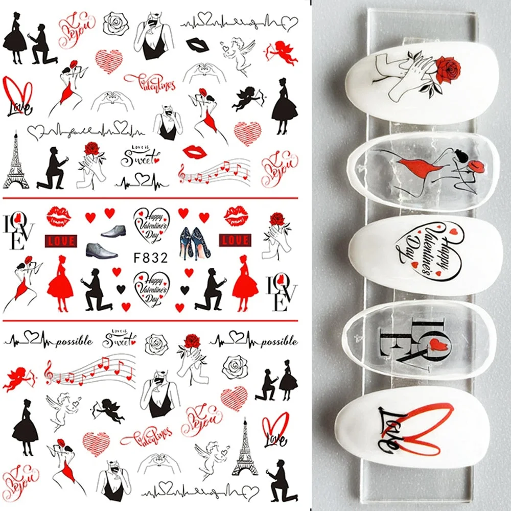 1PC 3D Nail Stickers Red Heart Love Self-Adhesive Slider Nail Art Decorations Valentine's Day Decals Manicure Accessories Tool-Nail Inspo