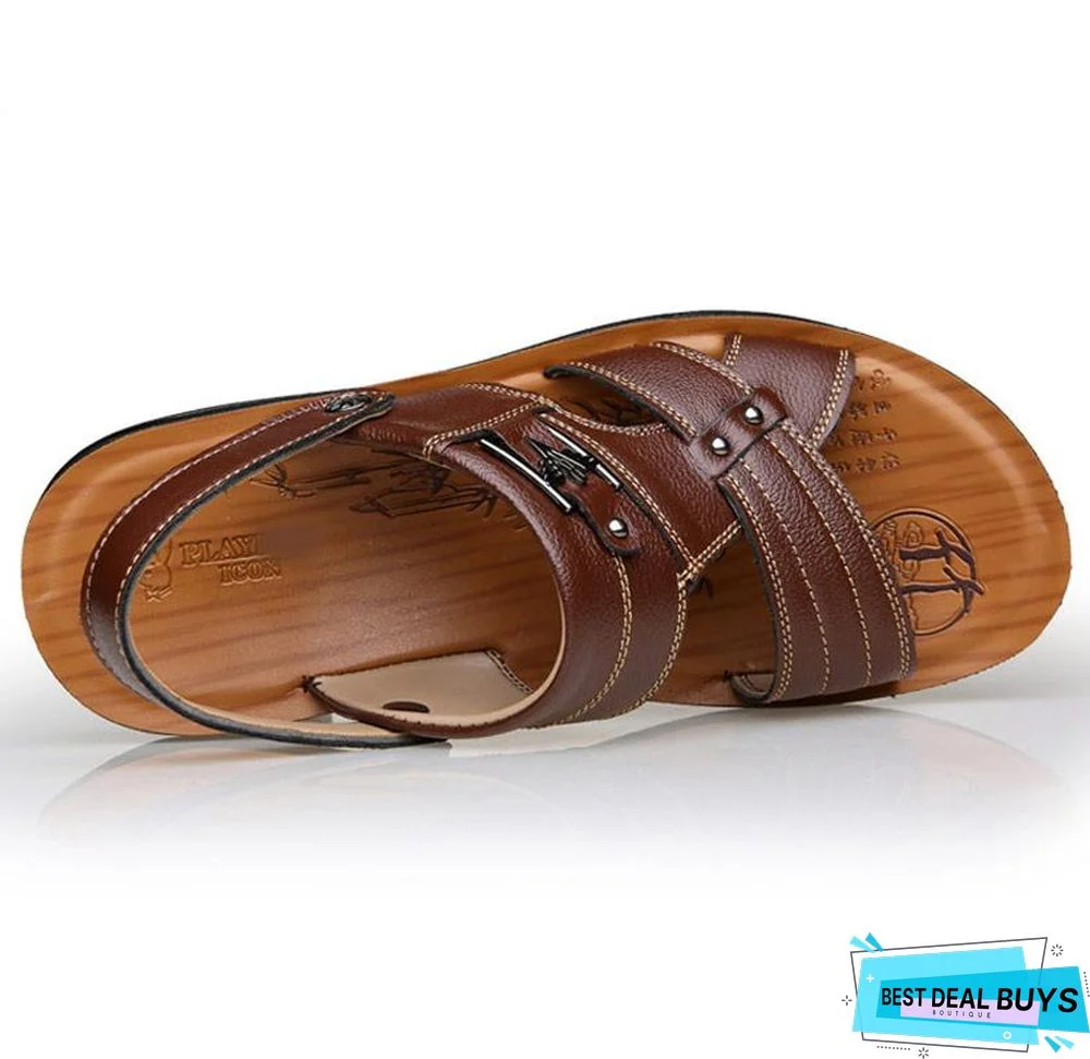 Men's Pu Leather Sandals Non-Slip Casual Beach Flats Flip Flops Sandal Shoes
