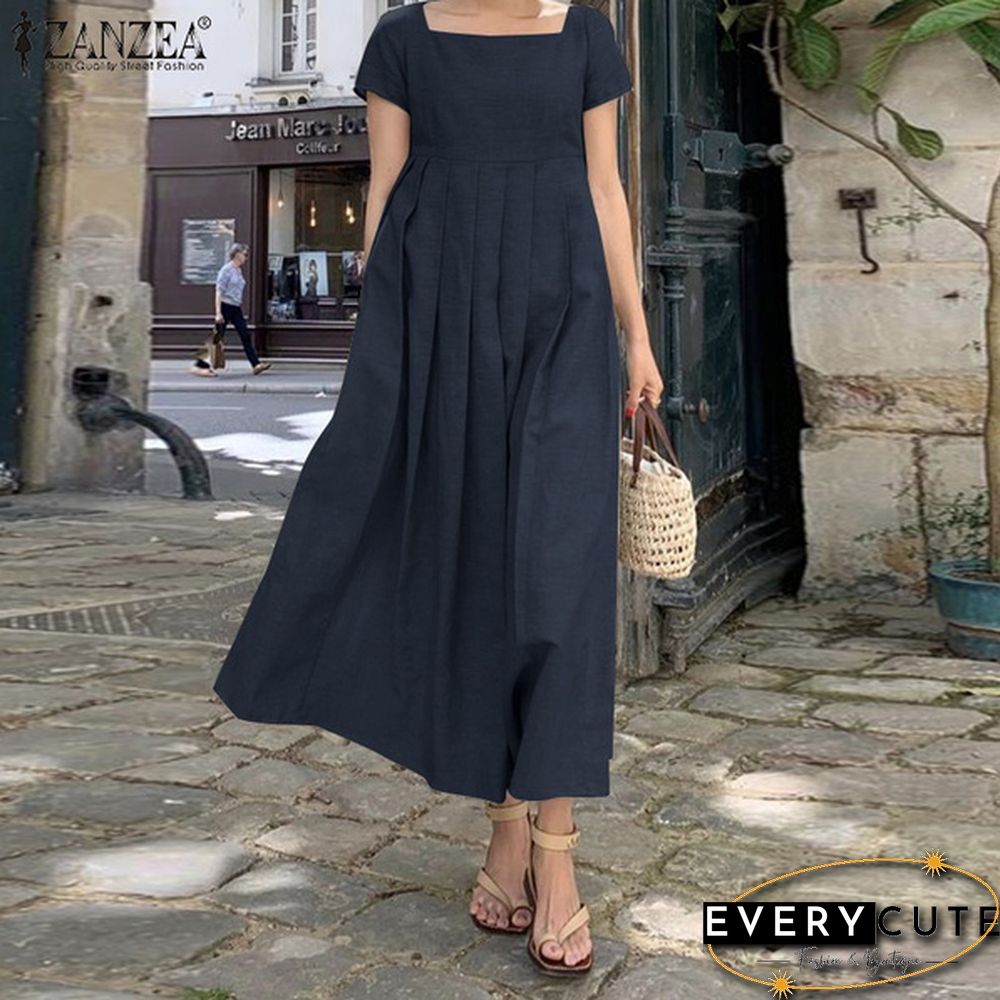 Square Collar Loose Short Sleeve Long Dress Summer Square Collar Solid Color Women Clothing