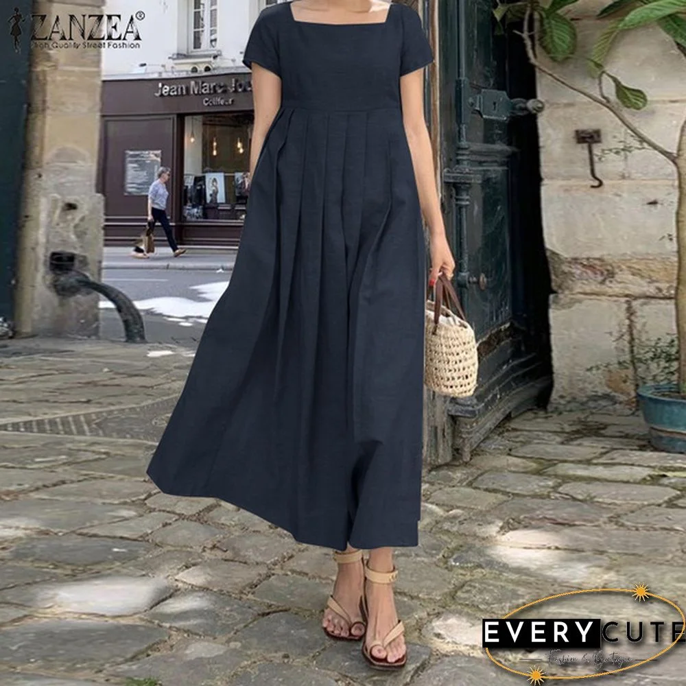 Square Collar Loose Short Sleeve Long Dress Summer Square Collar Solid Color Women Clothing