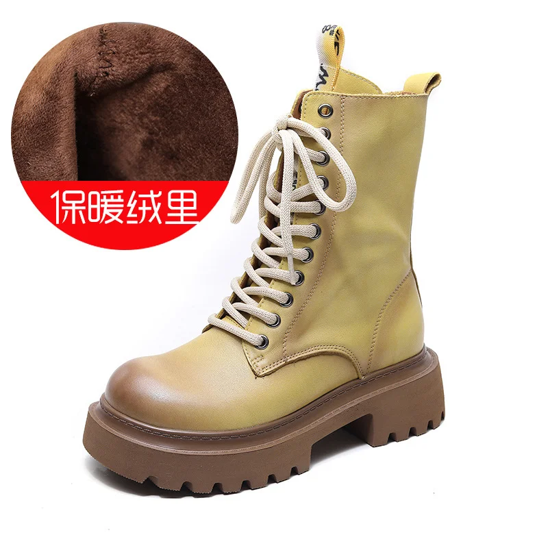 Yyvonne Leather Martin Boots High-Rise Kraft Mid-Sleeve Long Boots Autumn And Winter New Two Cotton Waterproof Table With Knight Boots