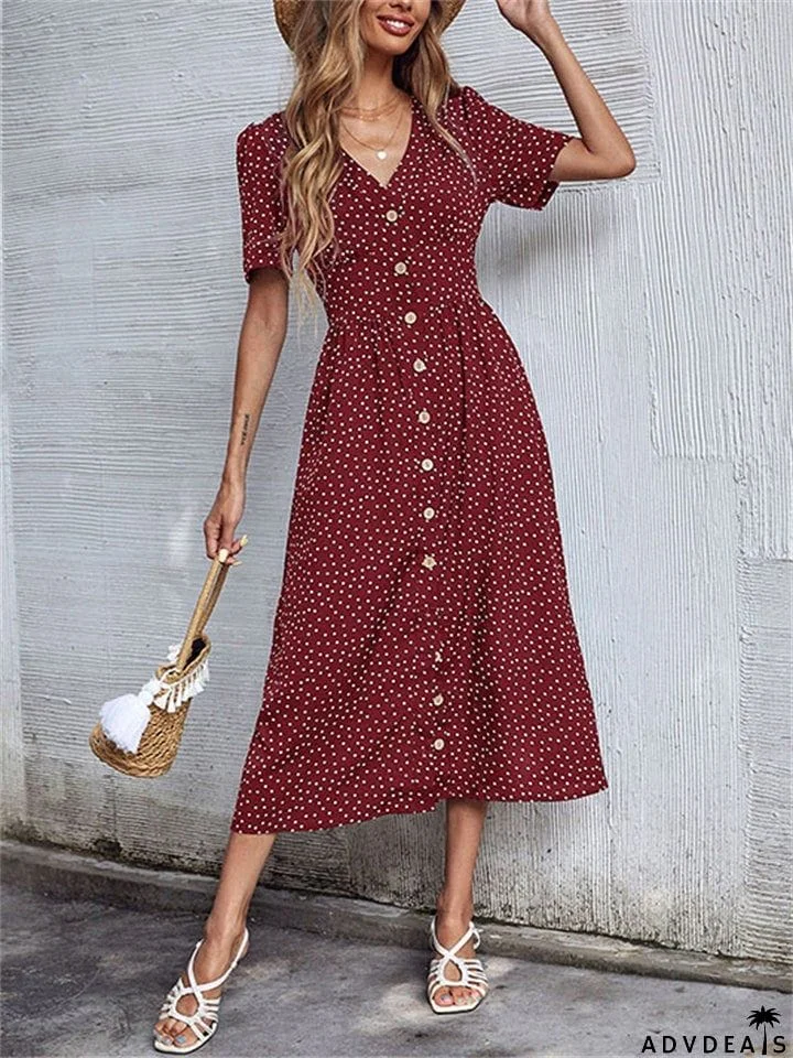 Trendy Style Button Decorated V Neck Polka Dots Printed Dresses