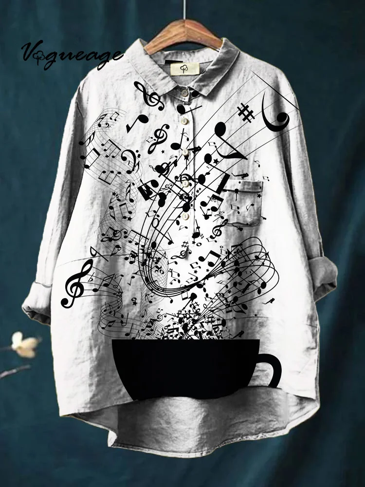 Unlimited Exudation Of The Charm Of Music Printed Cotton And Linen Shirt
