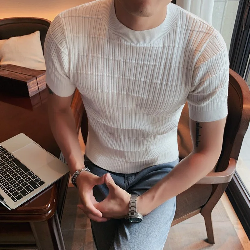 Inongge Spring Autumn New Short Sleeve Sweater Men Slim Fit Short Sleeve Knitted T-shirt Half Turtleneck Casual Solid Pullovers