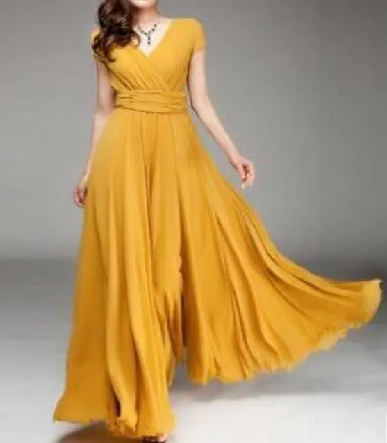 Orange V-Neck Sleeveless Long Dress