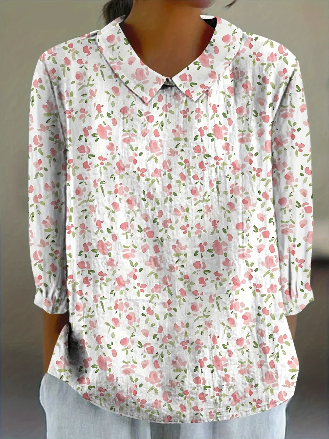 Shimida Women's Vintage Floral Print Casual Blouse - 3/4 Sleeve, Button-Up Collar Top With Ruffled Cuffs, Lightweight Polyester For Casual Attire & Vacation, Allseason Top | Buttonup Shirt | Ruffled Sleeve Design | IFYHOME