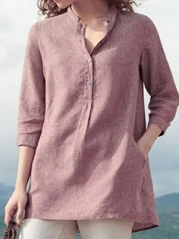 Women's solid color casual stand collar linen 3/4 sleeve shirt-Mayoulove