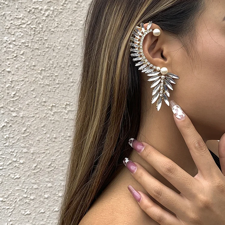 Crystal Pearl Diamond Geometric Leaf Earrings