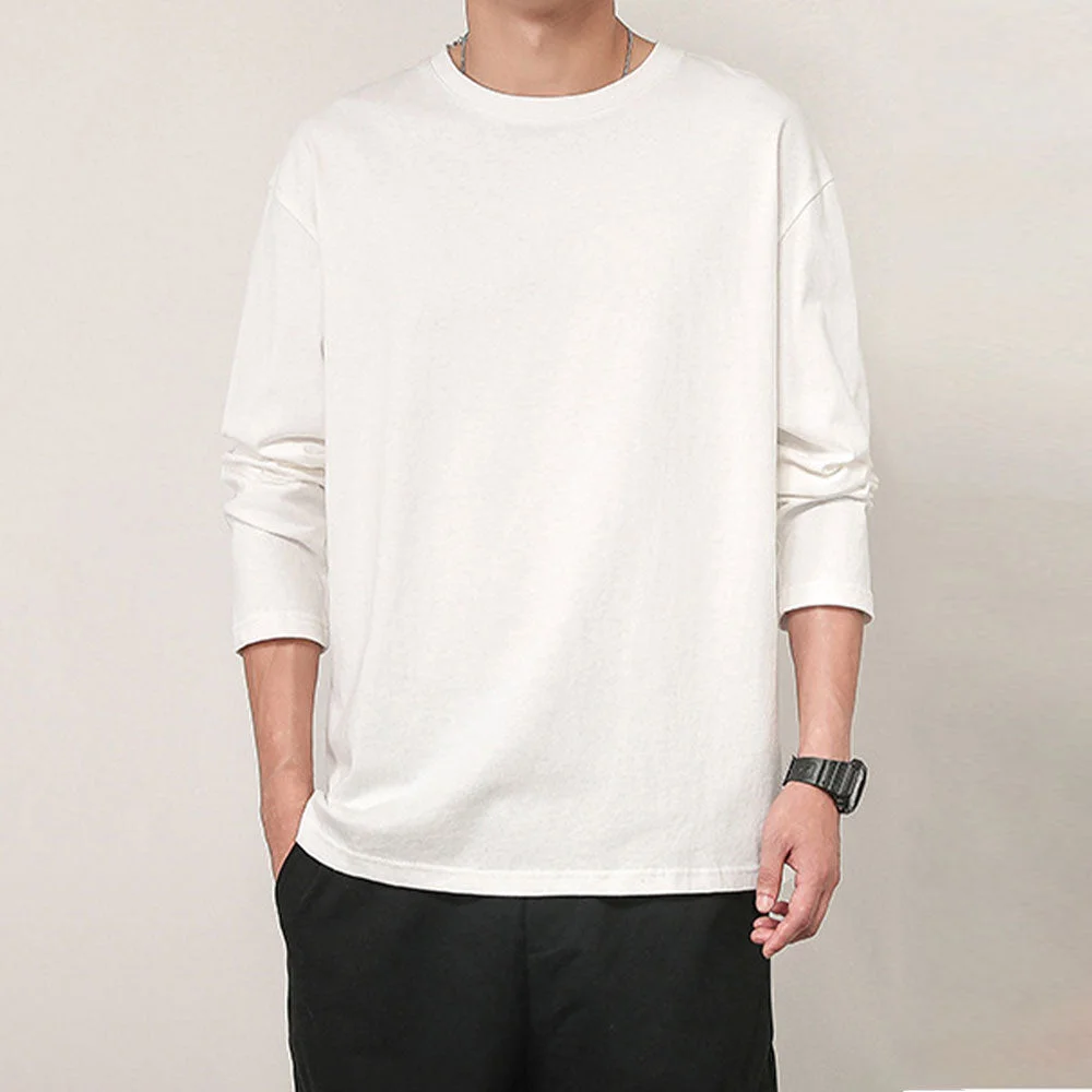 Smiledeer Men's basic solid color cotton round neck loose long-sleeved bottoming shirt