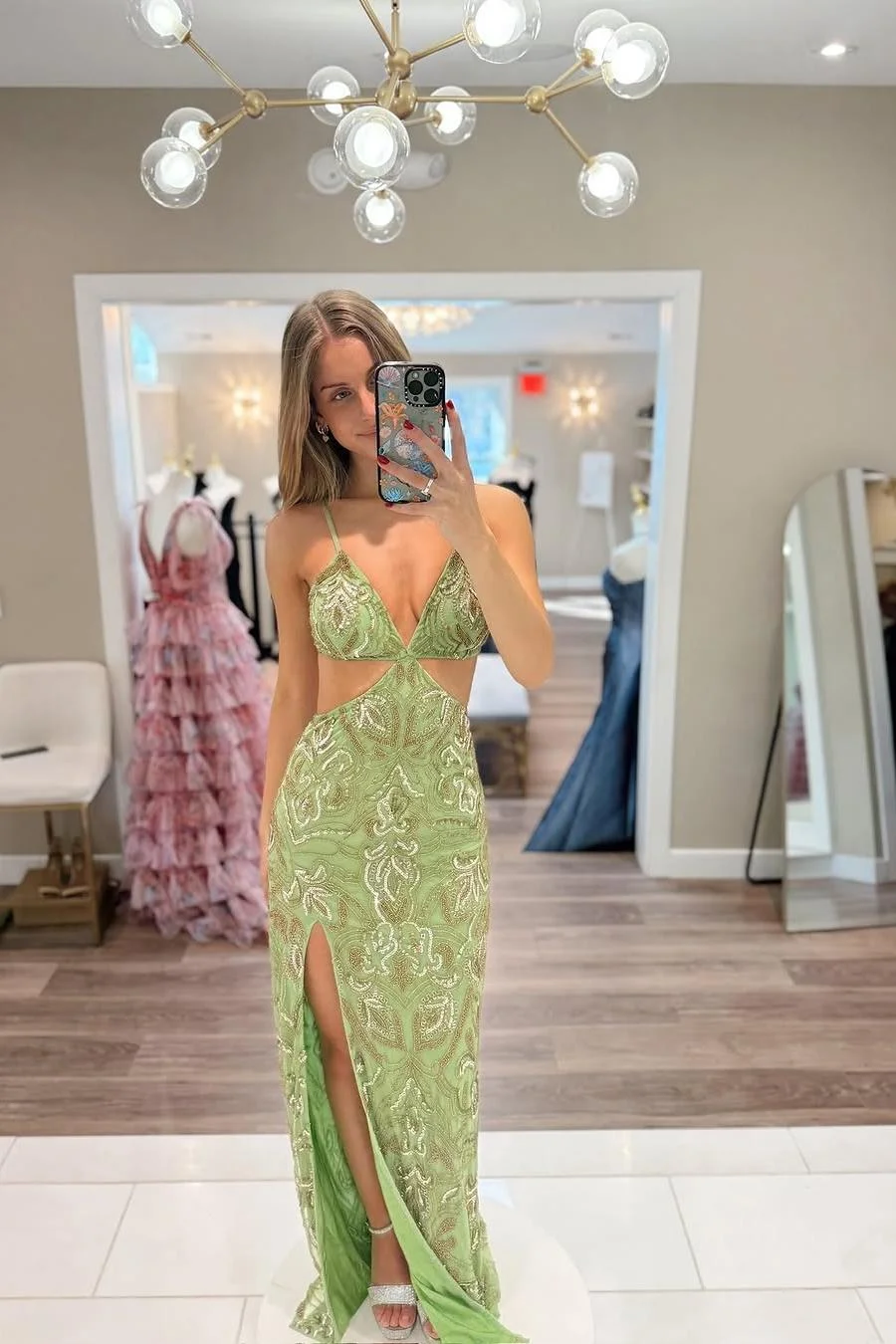 Miabel Beautiful Olive Green Sequins Spaghetti Strap V Neck Sleeveless Prom Dress with Split