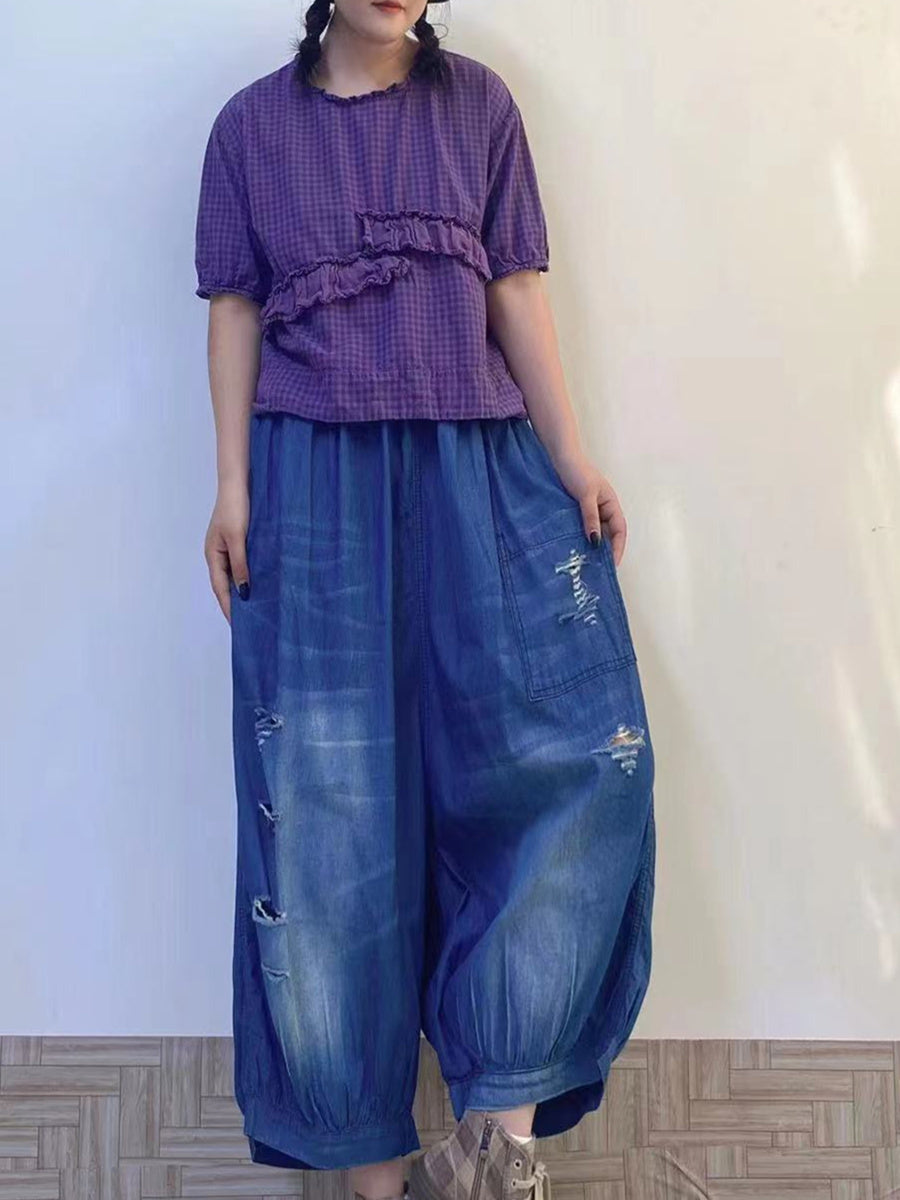 Women's Large Size High Waist Loose Wide Leg Ripped Denim Cropped Pants