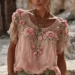 Women's Vintage Floral Embroidered Art Flowy Linen Blend Short Sleeve Casual Tops - Image 3