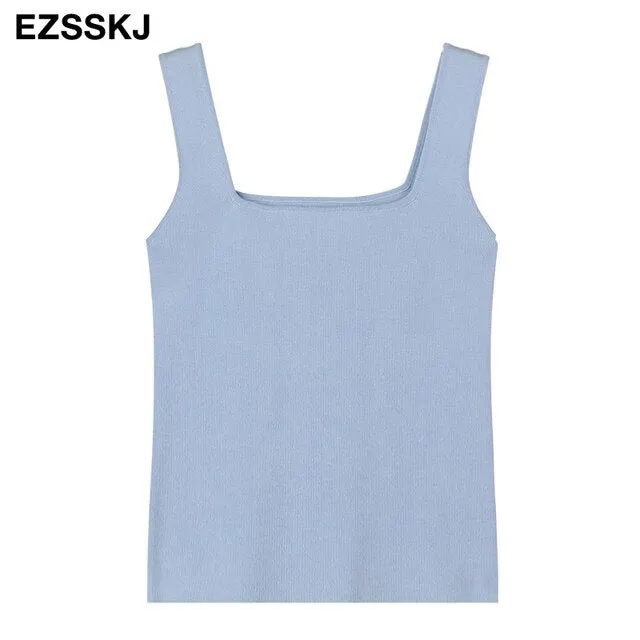 high quality chic basic U-NECK Summer white knit Women tank top sexy sleeveless t-shirt  vintage top casual crop top t shirt