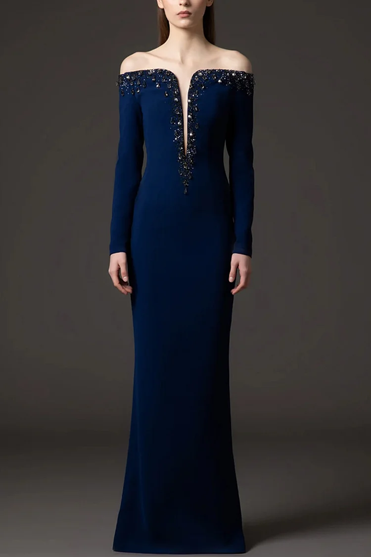 Off Shoulder Deep V Neck Rhinestone Embellished Maxi Dress-Navy Blue