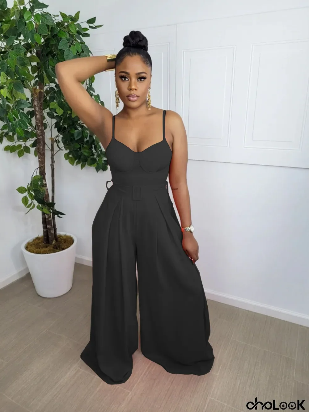 Solid Sleeveless Belted Wide Leg Jumpsuit