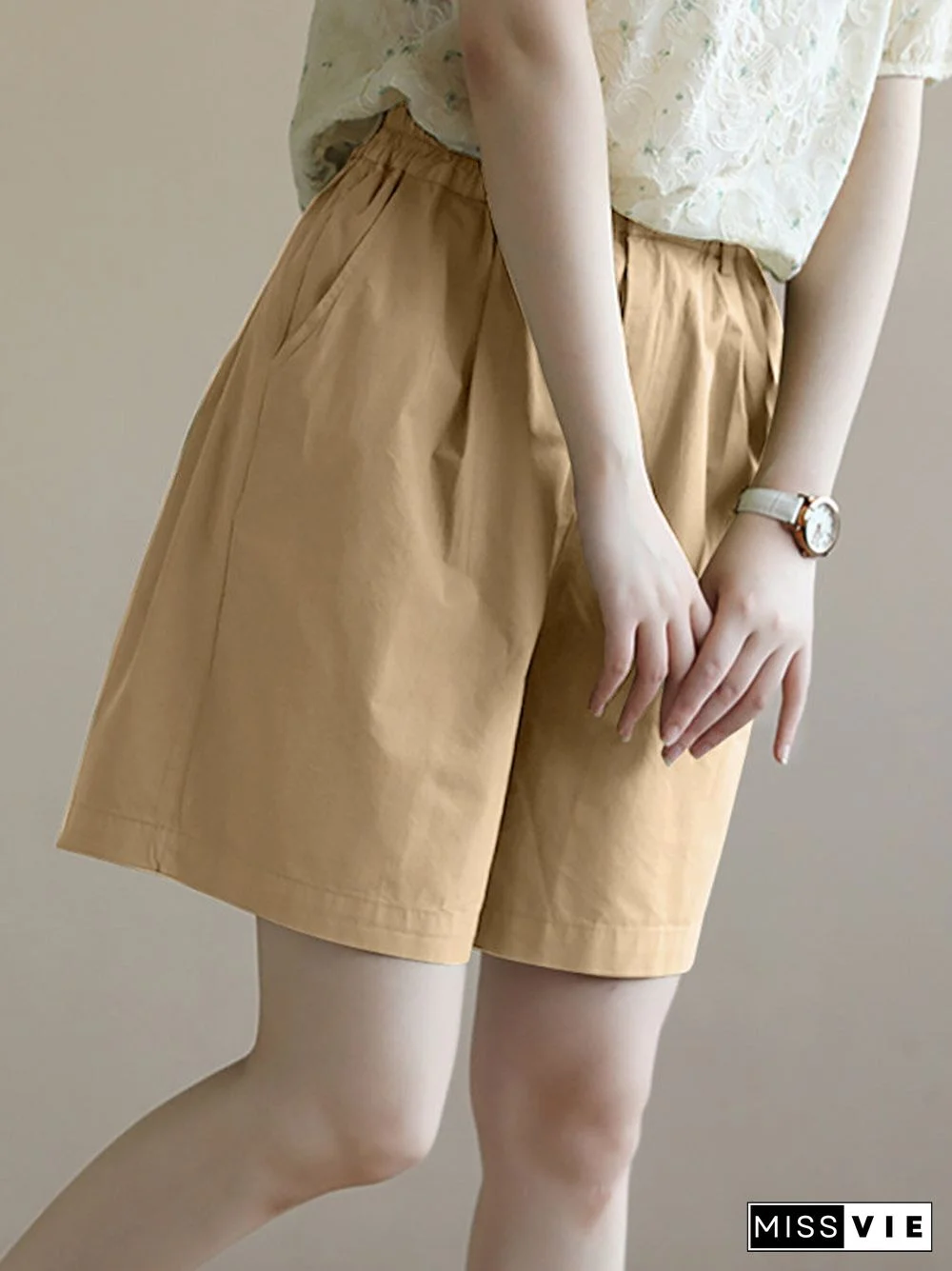Solid Pocket Elastic Waist Wide Leg Casual Shorts