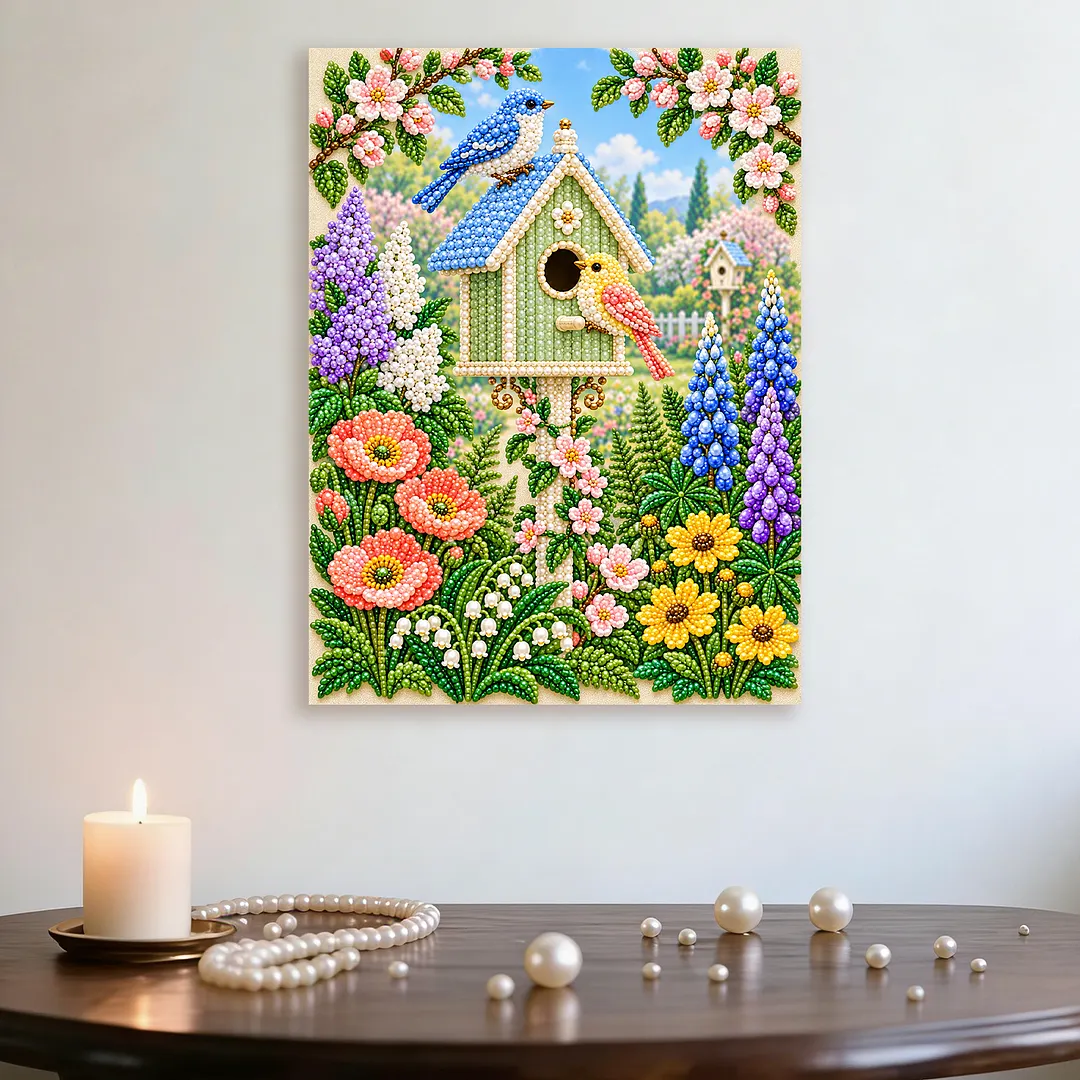 Pearl Painting Kit for Adults Floral Bird Framed Wall Art 11.81x15.75in