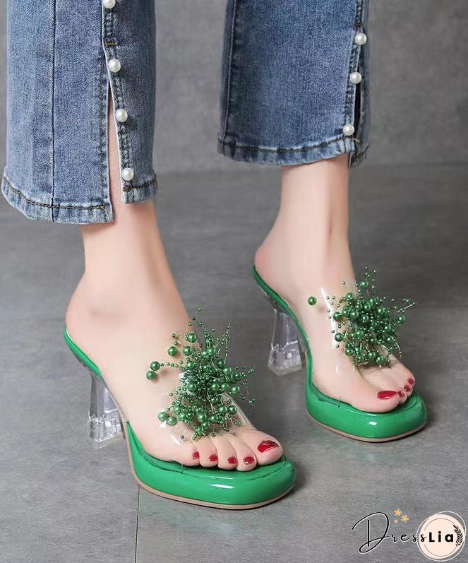 Green Stylish Clear High Heels Splicing Slide Sandals Bead Decorated