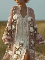 Women's Spring And Summer Linen Lace Patchwork Casual Long Cardigan