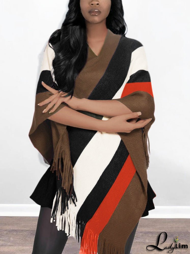 Knitted Striped Tassel Poncho