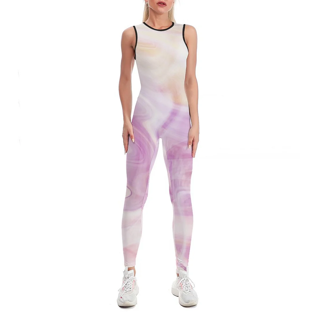 Pastel Color Pattern Women Workout Jumpsuits High Waist Sleeveless Sport Yoga Leggings Gym Bodysuits Romper