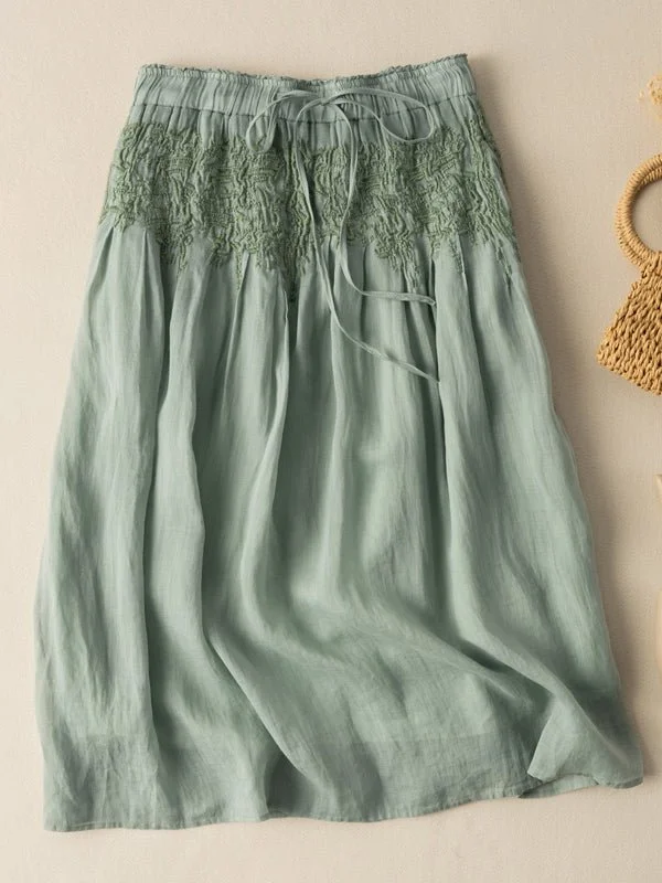 Loose Vintage Solid Embroidered Ramie Skirt
