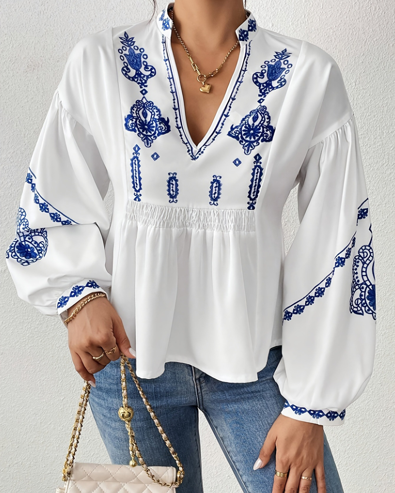 V Neck Print Balloon Sleeve Boho Chic Top