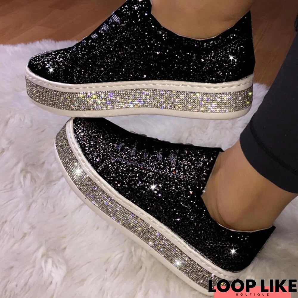 Glitter Sparkly Lace Up Flat Sneakers