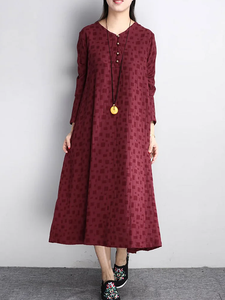 Plus Size Women Retro Chic Buttons Long Sleeves Wine Red Dress
