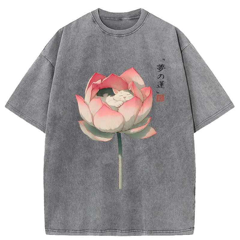 Cat Sleeping In A Lotus Washed T-shirt elevenforest